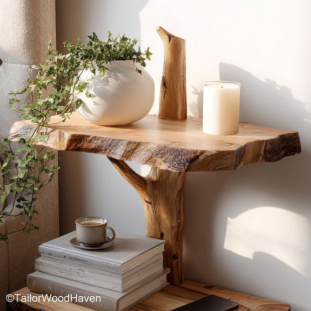 Floating nightstand bedside table built from real wood with a clean floating frame, ideal for compact bedside storage in modern or rustic bedrooms