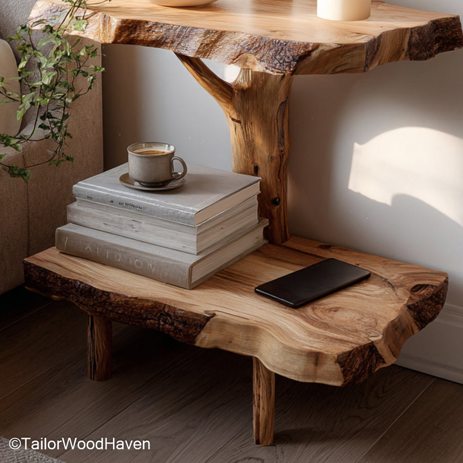 Floating nightstand bedside table built from real wood with a clean floating frame, ideal for compact bedside storage in modern or rustic bedrooms