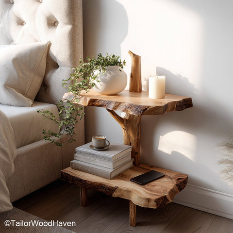 Floating nightstand bedside table built from real wood with a clean floating frame, ideal for compact bedside storage in modern or rustic bedrooms