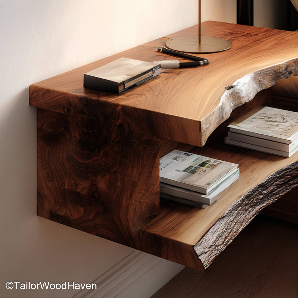 Large floating bedside table made from solid hardwood with a wide surface and sturdy wall mount, perfect for spacious interiors and king size beds