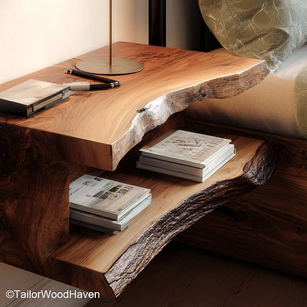 Large floating bedside table made from solid hardwood with a wide surface and sturdy wall mount, perfect for spacious interiors and king size beds