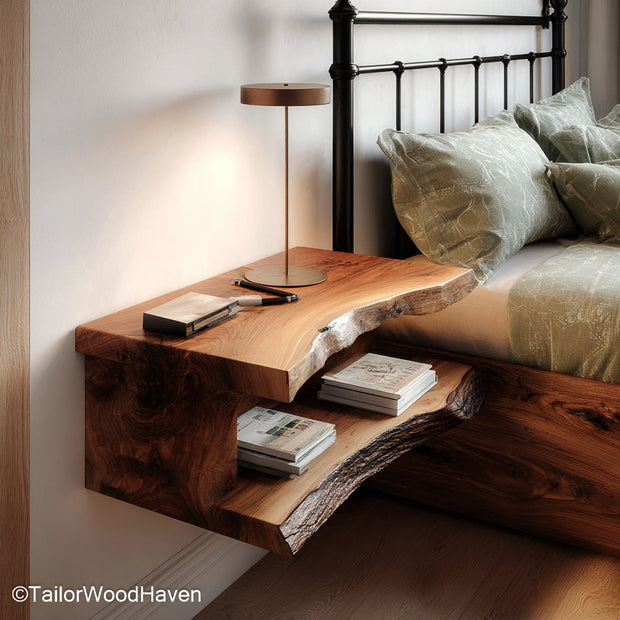 Large floating bedside table made from solid hardwood with a wide surface and sturdy wall mount, perfect for spacious interiors and king size beds