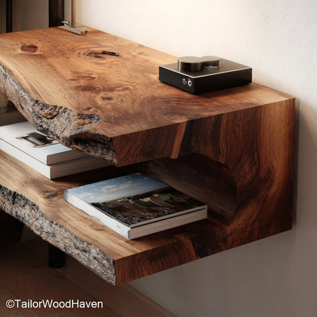Solid wood floating bedside table made from hardwood with a bracket free look and natural edge, ideal for clean and functional bedroom styling