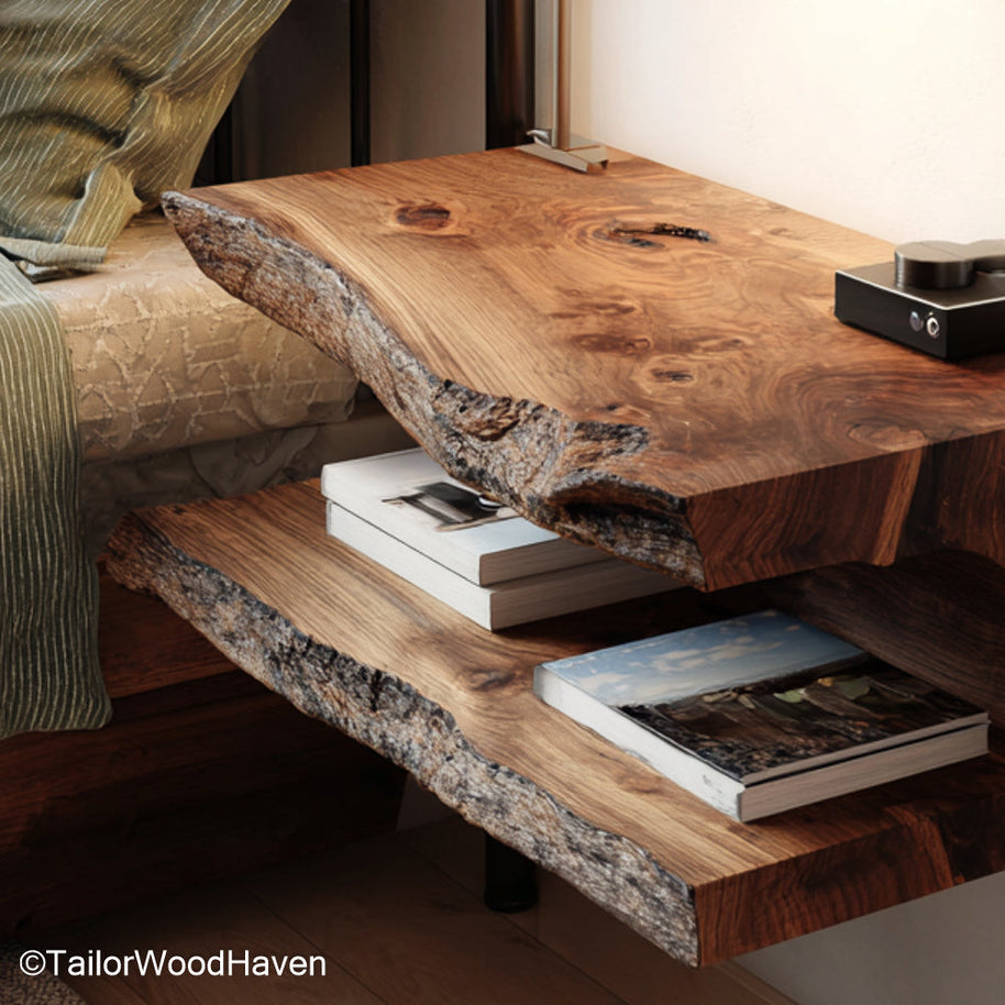 Solid wood floating bedside table made from hardwood with a bracket free look and natural edge, ideal for clean and functional bedroom styling