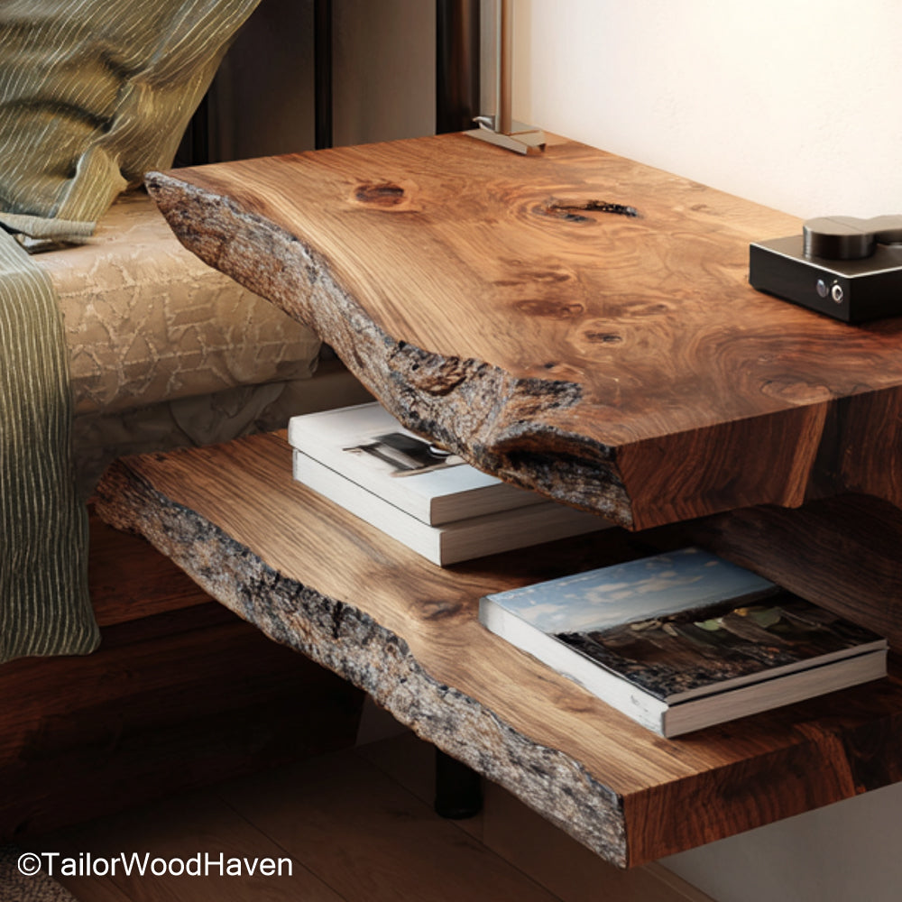 Solid wood floating bedside table made from hardwood with a bracket free look and natural edge, ideal for clean and functional bedroom styling