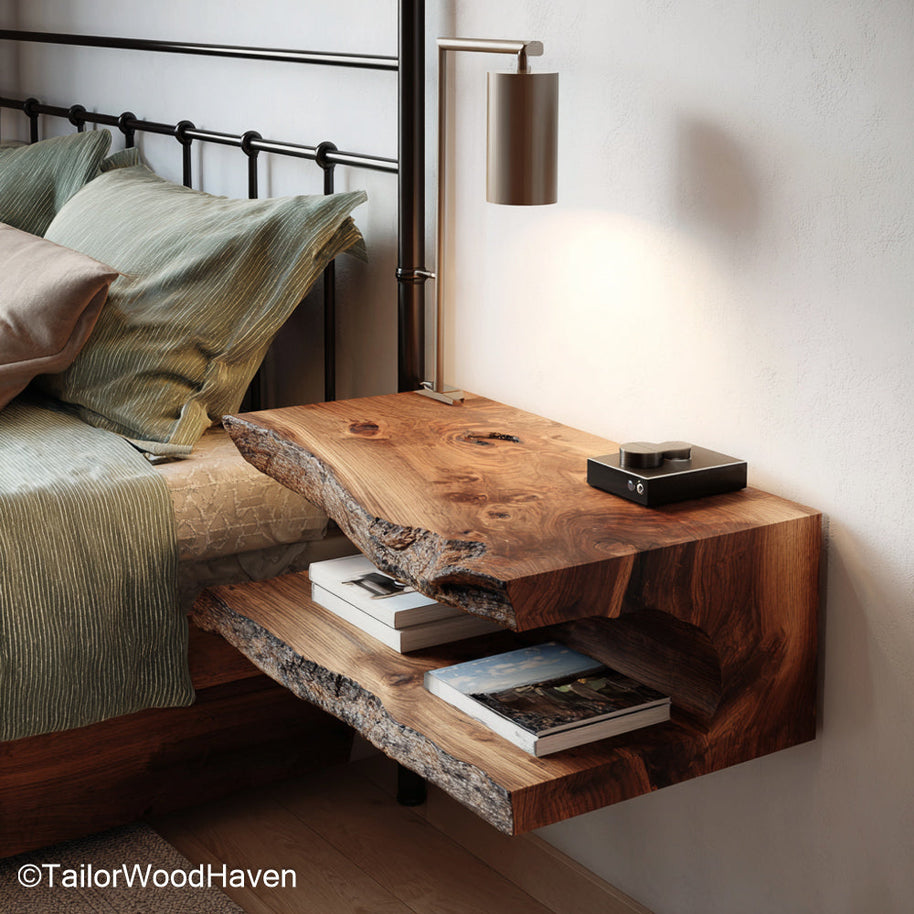 Solid wood floating bedside table made from hardwood with a bracket free look and natural edge, ideal for clean and functional bedroom styling