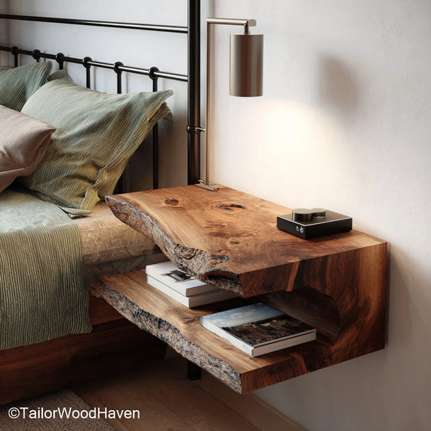Solid wood floating bedside table made from hardwood with a bracket free look and natural edge, ideal for clean and functional bedroom styling