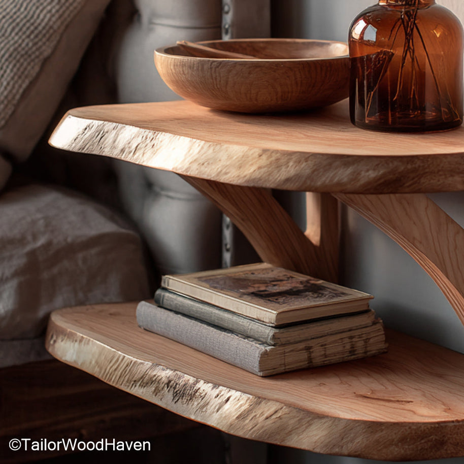 Solid oak floating bedside table crafted from natural oak with visible grain and floating design, adding timeless texture to cozy or modern rooms
