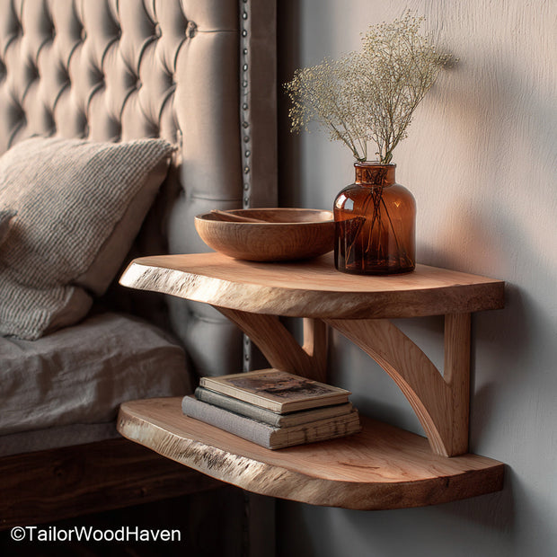 Solid oak floating bedside table crafted from natural oak with visible grain and floating design, adding timeless texture to cozy or modern rooms