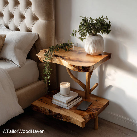 Floating bedside table bedroom made from solid wood with a floating wall design and warm tone, perfect for clean and functional bedroom interiors