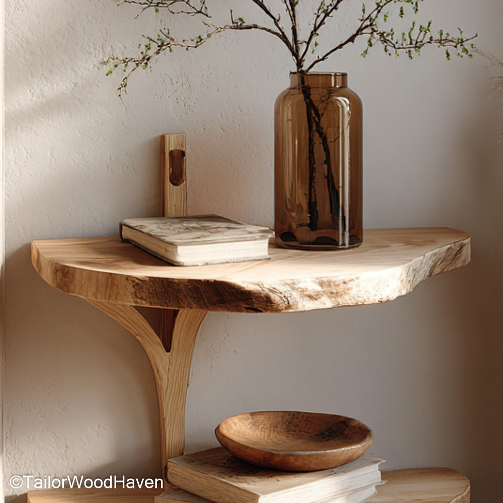 Floating oak nightstand handcrafted from natural oak with clean floating lines and warm tone, ideal for rustic or mid century bedroom setups