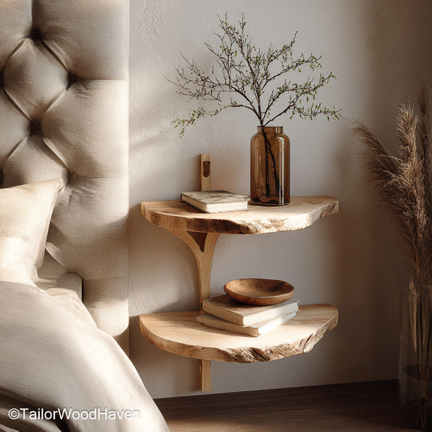 Floating oak nightstand handcrafted from natural oak with clean floating lines and warm tone, ideal for rustic or mid century bedroom setups