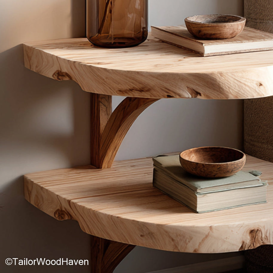 Small floating bedside shelf made from real wood with a space saving wall design and smooth finish, perfect for compact bedrooms and guest rooms