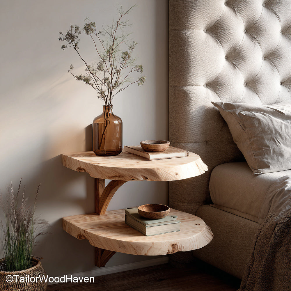 Small floating bedside shelf made from real wood with a space saving wall design and smooth finish, perfect for compact bedrooms and guest rooms
