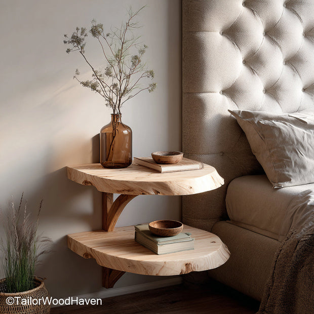 Small floating bedside shelf made from real wood with a space saving wall design and smooth finish, perfect for compact bedrooms and guest rooms