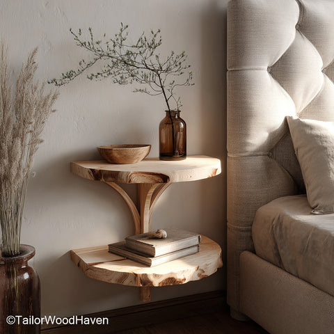Mini floating nightstand made from solid wood with a compact design and bracket free support, ideal for small spaces or bedside minimalism
