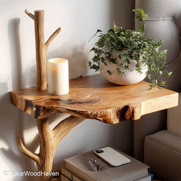 Floating bedside table design built from hardwood with a minimalist floating form and clean top, a versatile design for rustic or contemporary bedrooms