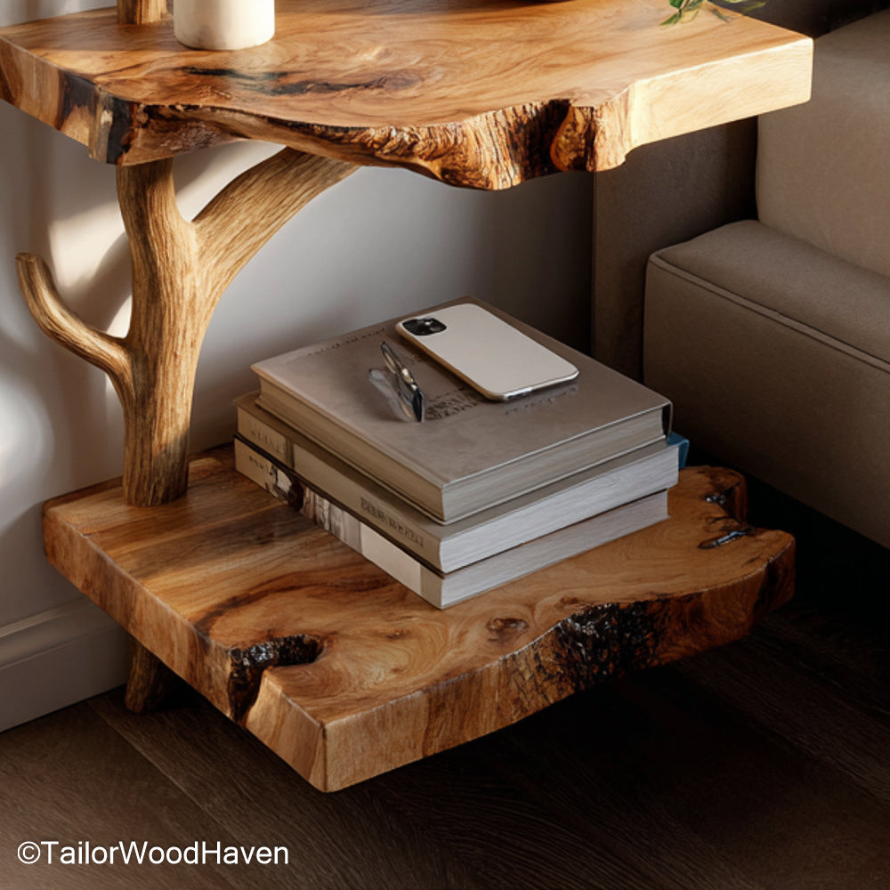 Floating bedside table design built from hardwood with a minimalist floating form and clean top, a versatile design for rustic or contemporary bedrooms