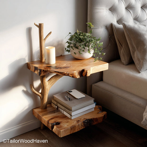 Floating bedside table design built from hardwood with a minimalist floating form and clean top, a versatile design for rustic or contemporary bedrooms