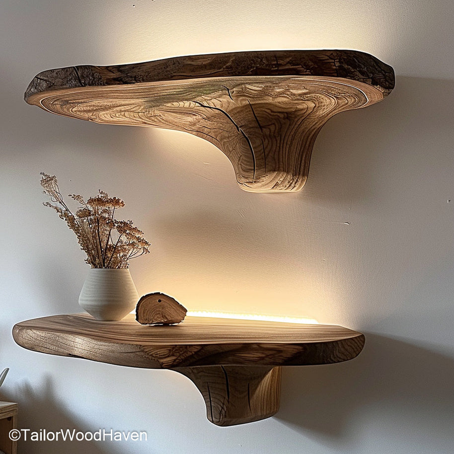 Reclaimed wood floating shelves made from salvaged timber with weathered texture, ideal for rustic, vintage, or farmhouse decor