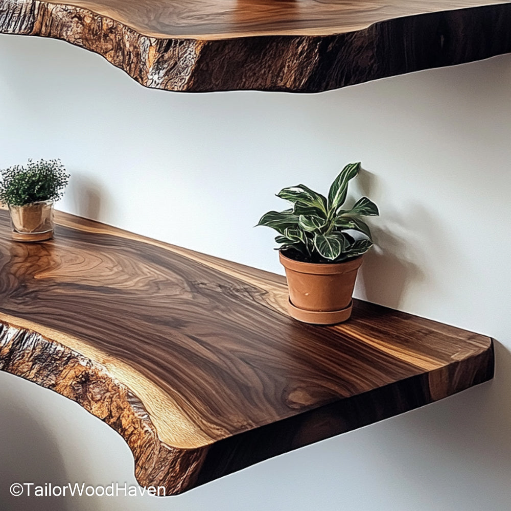 Menards floating shelves inspired design in rustic oak finish with concealed brackets, suitable for classic home or cabin wall decor