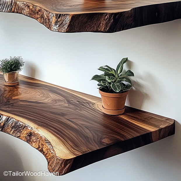 Menards floating shelves inspired design in rustic oak finish with concealed brackets, suitable for classic home or cabin wall decor