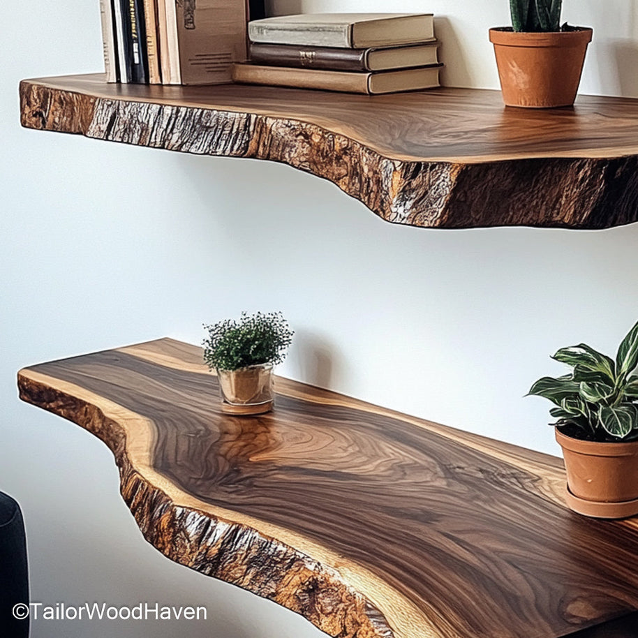 Menards floating shelves inspired design in rustic oak finish with concealed brackets, suitable for classic home or cabin wall decor