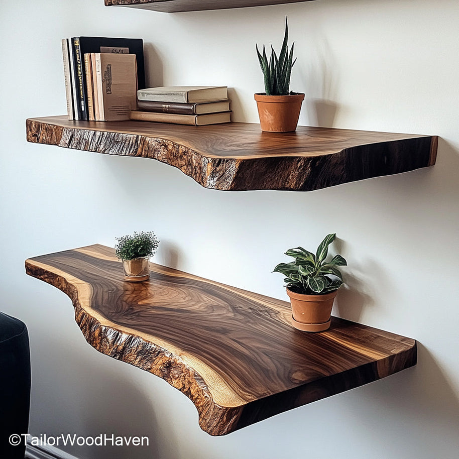 Menards floating shelves inspired design in rustic oak finish with concealed brackets, suitable for classic home or cabin wall decor
