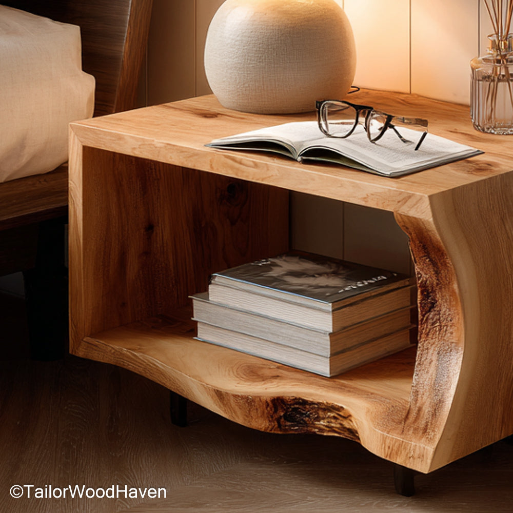 Floating Nightstand Walnut crafted from rich walnut with floating wall support and organic grain, perfect for mid century or modern interiors