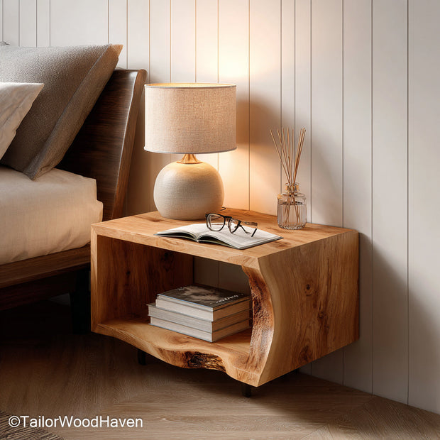 Floating Nightstand Walnut crafted from rich walnut with floating wall support and organic grain, perfect for mid century or modern interiors