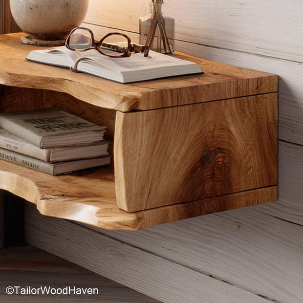 Floating Bedroom Nightstand made with a wall mounted frame and natural wood grain, offering practical storage with minimal footprint in bedrooms