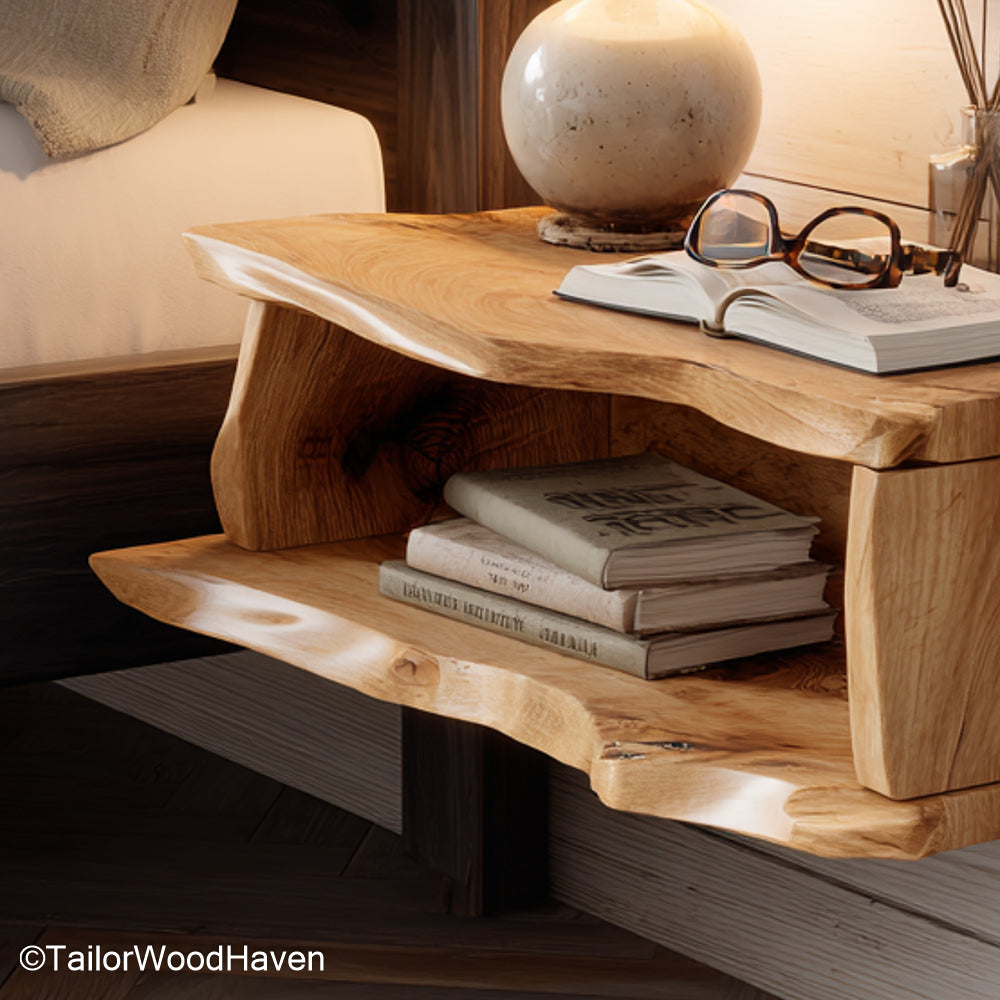 Floating Bedroom Nightstand made with a wall mounted frame and natural wood grain, offering practical storage with minimal footprint in bedrooms