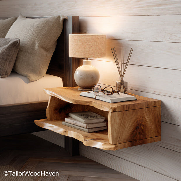 Floating Bedroom Nightstand made with a wall mounted frame and natural wood grain, offering practical storage with minimal footprint in bedrooms