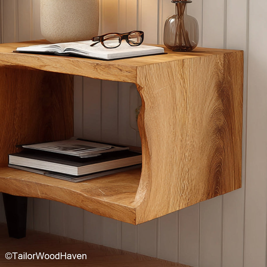 Floating Nightstand Wood crafted from solid wood with a floating silhouette and simple surface, ideal for earthy or contemporary room styling
