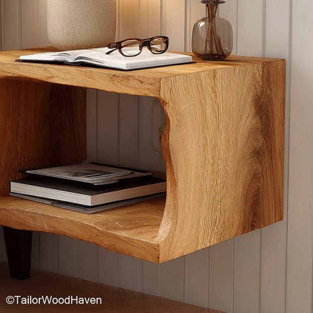 Floating Nightstand Wood crafted from solid wood with a floating silhouette and simple surface, ideal for earthy or contemporary room styling