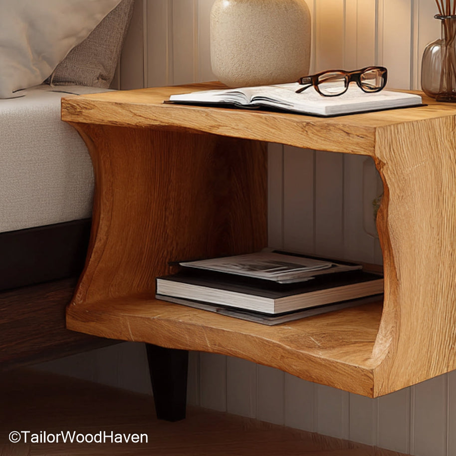Floating Nightstand Wood crafted from solid wood with a floating silhouette and simple surface, ideal for earthy or contemporary room styling