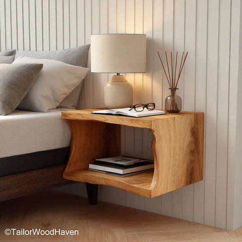 Floating Nightstand Wood crafted from solid wood with a floating silhouette and simple surface, ideal for earthy or contemporary room styling