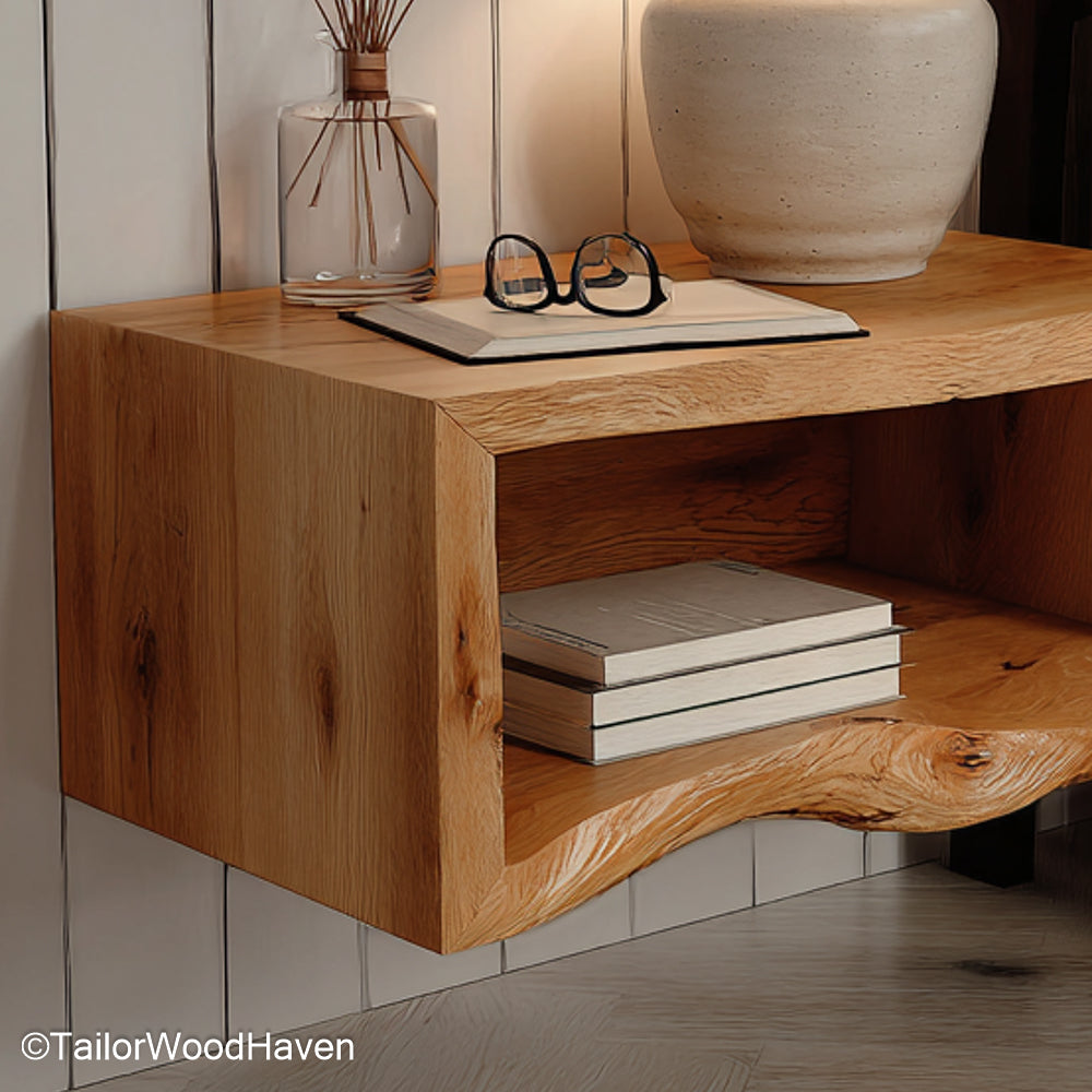 Oak Floating Nightstand crafted from natural oak with warm tones and floating design, ideal for mid century, rustic, or Scandinavian style bedrooms