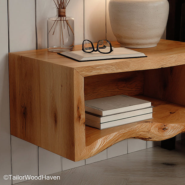Oak Floating Nightstand crafted from natural oak with warm tones and floating design, ideal for mid century, rustic, or Scandinavian style bedrooms