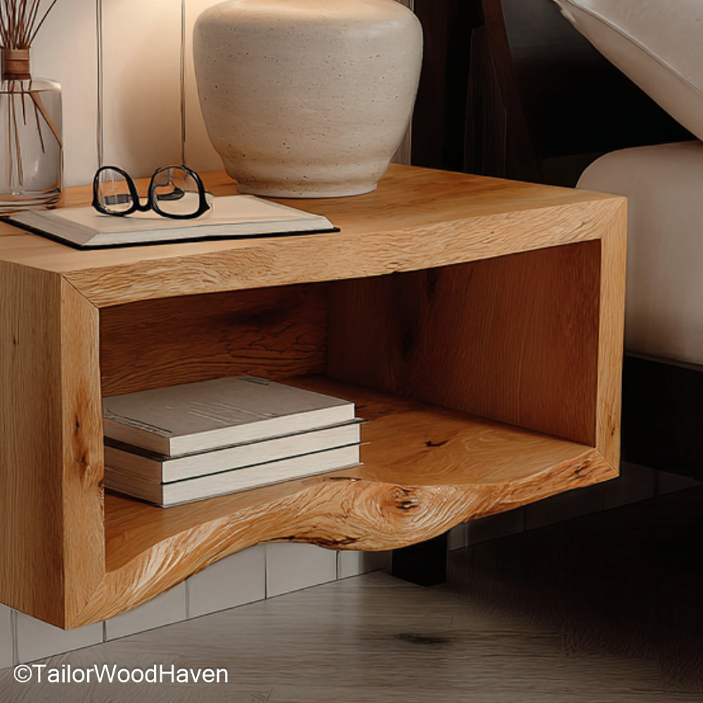 Oak Floating Nightstand crafted from natural oak with warm tones and floating design, ideal for mid century, rustic, or Scandinavian style bedrooms
