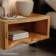 Oak Floating Nightstand crafted from natural oak with warm tones and floating design, ideal for mid century, rustic, or Scandinavian style bedrooms