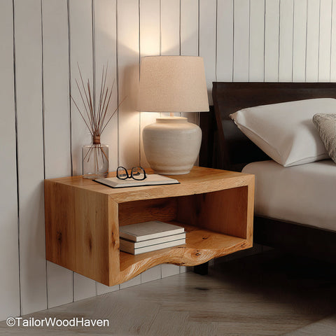 Oak Floating Nightstand crafted from natural oak with warm tones and floating design, ideal for mid century, rustic, or Scandinavian style bedrooms