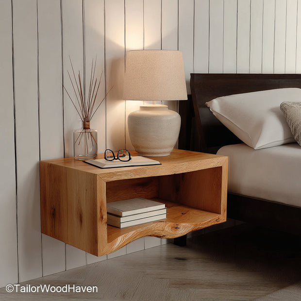 Oak Floating Nightstand crafted from natural oak with warm tones and floating design, ideal for mid century, rustic, or Scandinavian style bedrooms