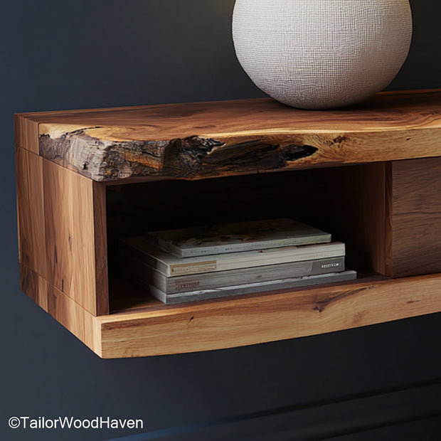Wooden Floating Nightstand handcrafted from natural wood with clean design and floating structure, offering warmth and function in minimalist spaces