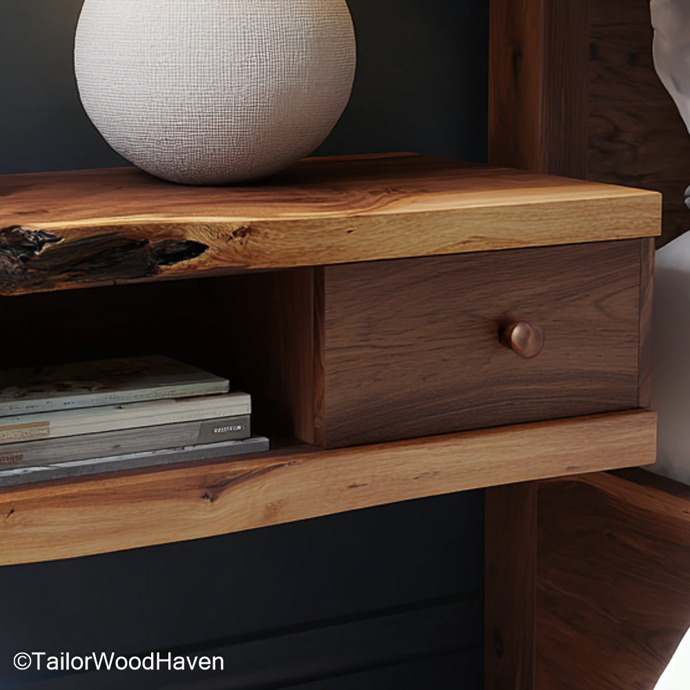 Wooden Floating Nightstand handcrafted from natural wood with clean design and floating structure, offering warmth and function in minimalist spaces