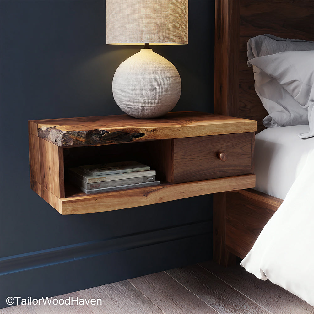 Wooden Floating Nightstand handcrafted from natural wood with clean design and floating structure, offering warmth and function in minimalist spaces