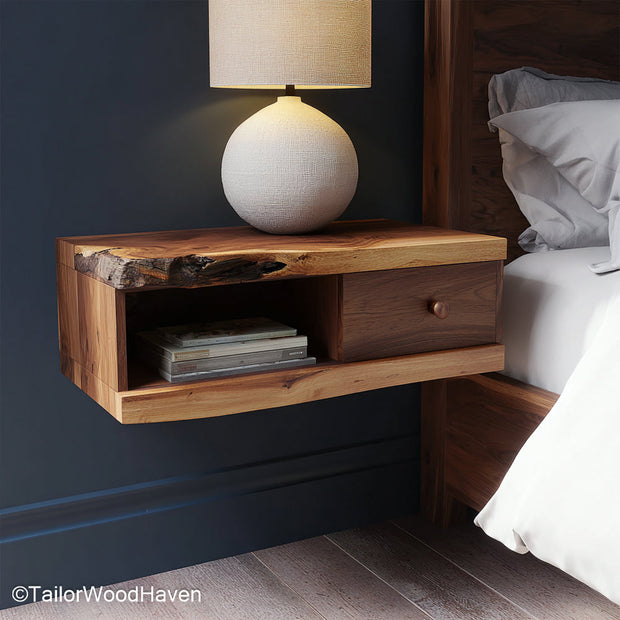 Wooden Floating Nightstand handcrafted from natural wood with clean design and floating structure, offering warmth and function in minimalist spaces