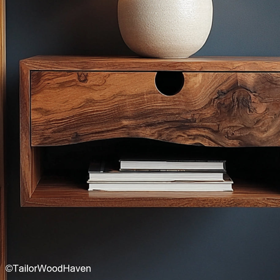 Floating Bed Nightstand designed from real wood with floating support, seamlessly attached beside your bed for functional, space saving design