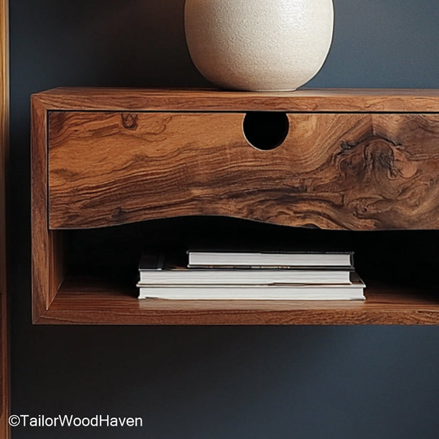 Floating Bed Nightstand designed from real wood with floating support, seamlessly attached beside your bed for functional, space saving design