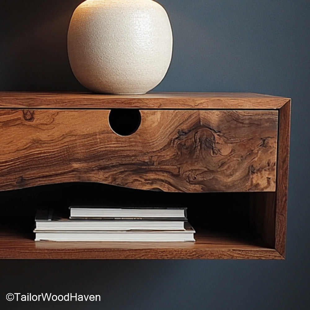 Floating Bed Nightstand designed from real wood with floating support, seamlessly attached beside your bed for functional, space saving design